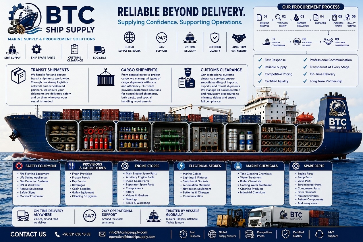 BTC Ship Supply cargo vessel with marine supplies and logistics equipment.
